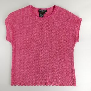 Lana Lee Pink Crinkle Short Sleeve Top — Retro Stretchy Textured Shirt L